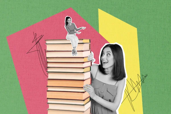 Bild Retro Kunstwerk Collage Lesen Lifestyle Konzept Junge Mädchen Werbung — Stockfoto