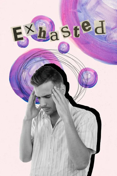 Collage 3d pinup pop retro sketch image of unhappy upset guy feeling exhasted isolated painting background.