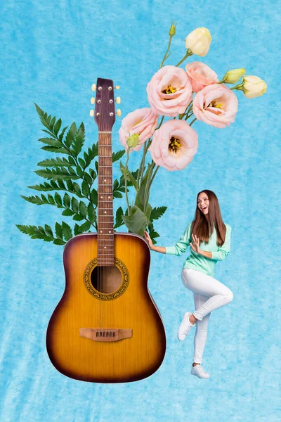 Magazine template picture collage of funny young girl enjoy dancing on 8 march festival musical event with guitar bands.