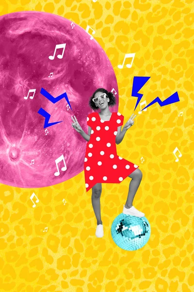 Artwork collage pretty funky lady dancing stand on disco ball show v sign fantasy pink moon on concept leopard background.