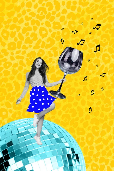 Vertical Artwork Collage Young Fashionable Excited Lady Dancing Overjoyed Drink — Stock Photo, Image