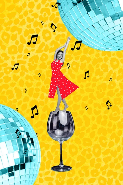 Vertikale Kunstwerk Collage Phantasie Glamouröse Dame Tanzt Überglücklich Oben Großes — Stockfoto