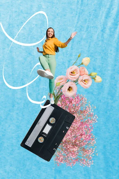 Magazine template artwork collage of active dancer lady on retro discotheque moving tape record celebrate 8 march occasion.