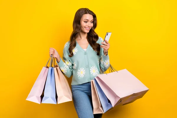 Portrait Cheerful Gorgeous Girl Hold Mall Bags Use Telephone Isolated — Stock Photo, Image