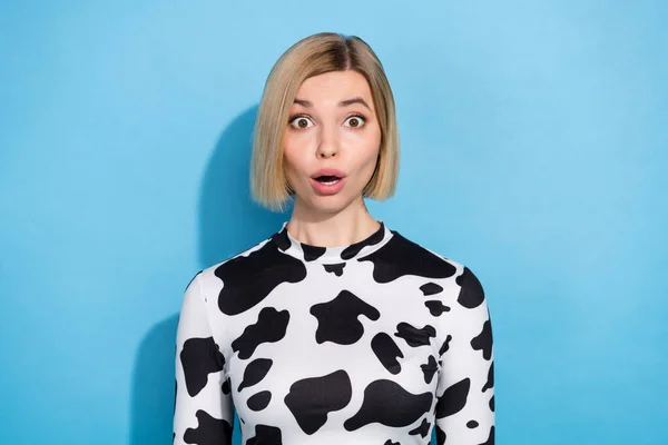 Photo Impressed Funky Woman Dressed Cow Print Outfit Big Eyes — Stock Photo, Image