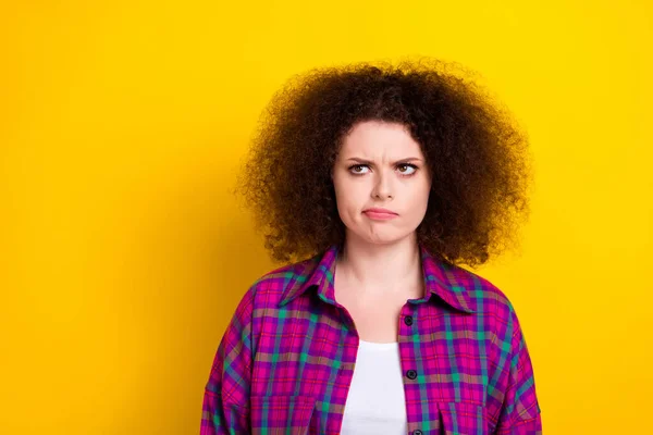 Creative photo of young stressed grumpy dissatisfied lady funky chevelure hair pouted lips look mockup offended isolated on yellow color background.