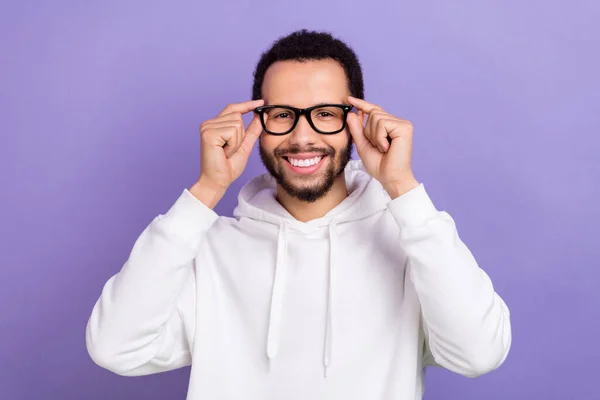 Photo of young toothy beaming smile hispanic guy wear white pullover new glasses spectacles best vision isolated on violet color background.