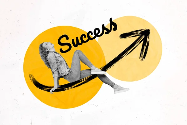 Verticale Creatieve Foto Collage Van Positieve Mooie Succesvolle Vrouw Zitten — Stockfoto