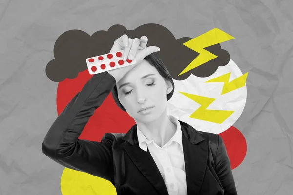Creative Abstract Concept Photo Collage Tired Suffering Woman Headache Hold — Stock Photo, Image