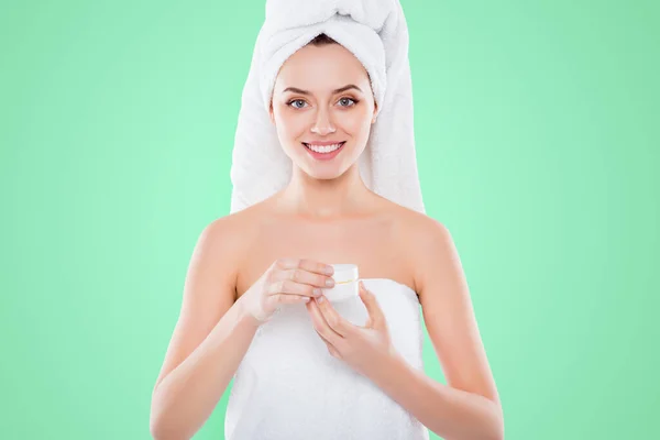 Portrait Pretty Sexy Woman Towel Turban Head Holding Presenting Cream — Stock Photo, Image