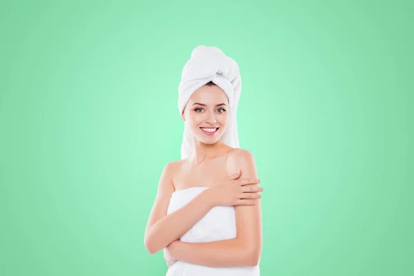Portrait Copy Space Pretty Brunette Girl Towel Head Shower Touching — Stock Photo, Image