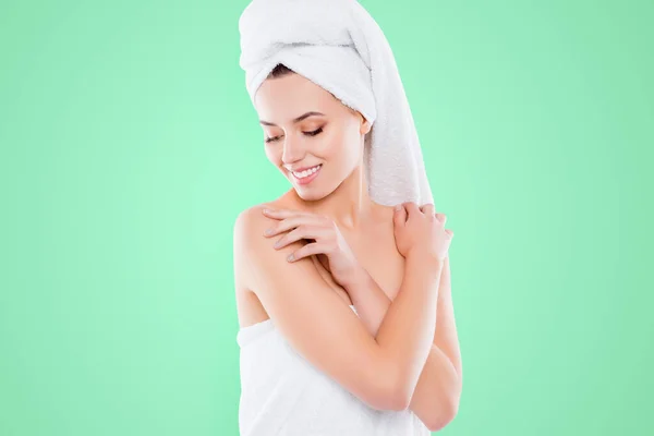 Portrait Tender Sensual Girl Shower Turban Head Touching Enjoying Perfect — Stock Photo, Image