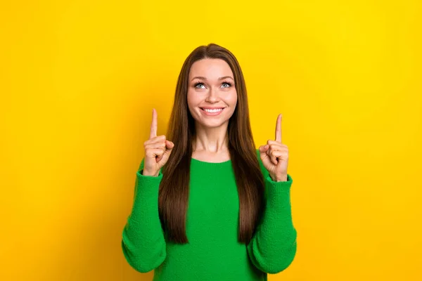 Photo Cute Cheerful Person Beaming Smile Look Indicate Fingers Empty — Stock Photo, Image