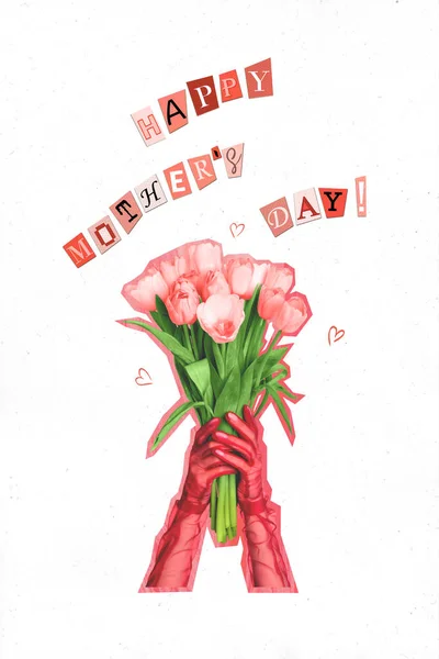 速递广告艺术品拼贴精美手套手捧着鲜红的郁金香花束迎接快乐的母亲节 — 图库照片