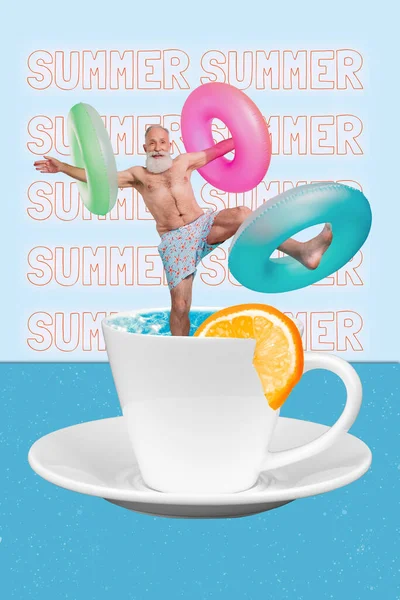 Collage 3d pinup pop retro sketch image of funky senior guy having fun fruit tea cup isolated painting background.