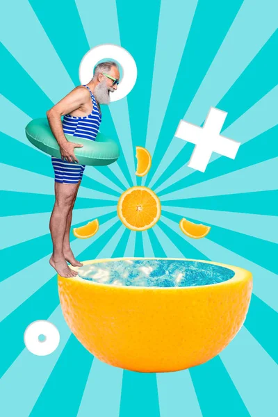 Creatieve Metafoor Collage Foto Zomer Seizoen Concept Zwembad Oude Man — Stockfoto