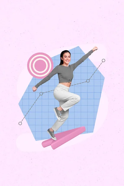 Vertical Criativo Colagem Foto Bela Mulher Positiva Voando Para Cima — Fotografia de Stock
