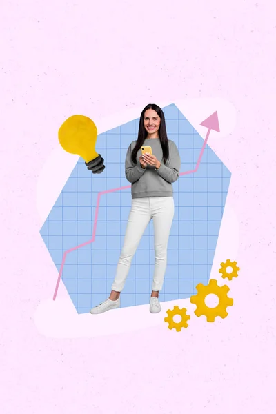 成功した起業家の垂直ポスターテンプレート画像コラージュ彼女の投資計画ピンクの背景に隔離されたワーキングアイデアメカニズム — ストック写真