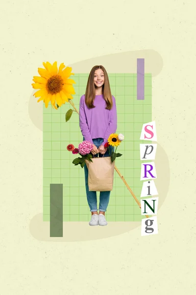 写真コラージュアートワーク幸せな笑顔の小さな女の子の最小限の画像新鮮な花を購入孤立した創造的な背景 — ストック写真
