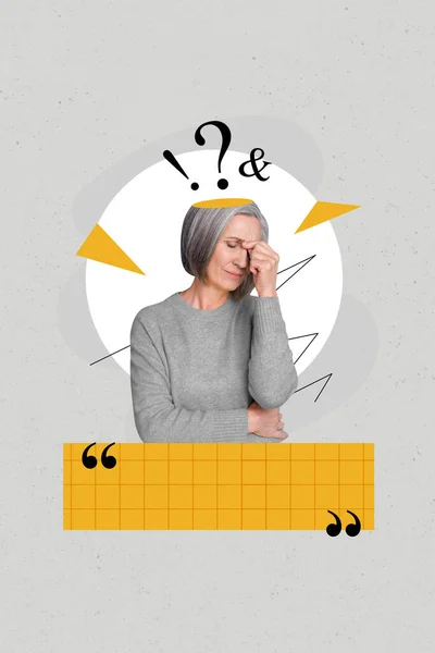 Creative retro 3d magazine collage image of puzzled lady having migraine isolated grey color background.