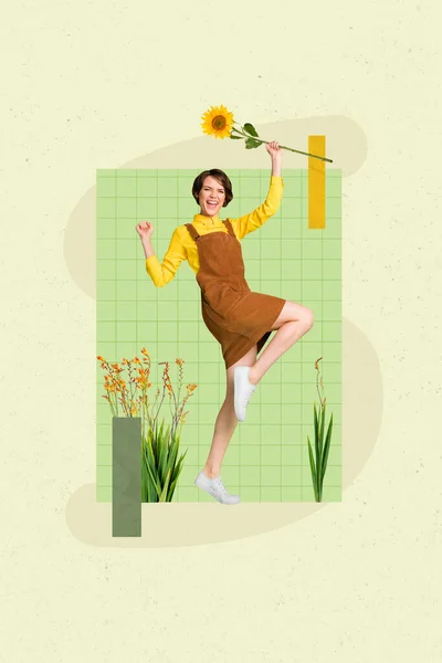 Collage 3d pinup pop retro sketch image of happy lucky lady rising sunflower isolated green painting background.