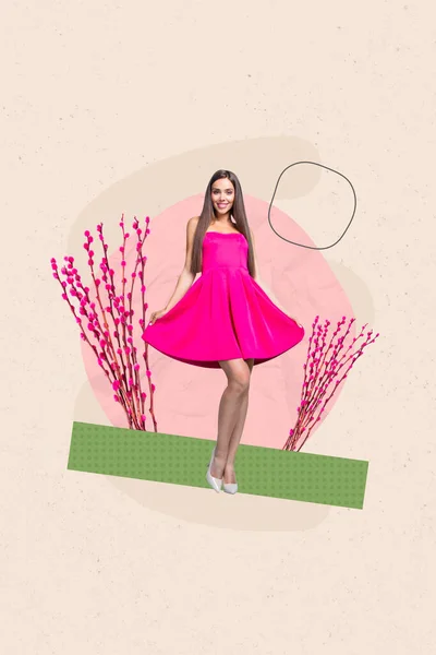 3D富有创意的女装造型拼贴 笑容可亲的性感女士穿着霓虹灯粉色连衣裙孤立的绘画背景 — 图库照片