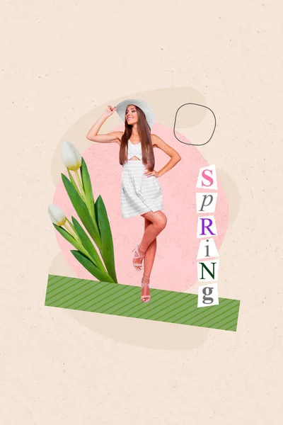 Photo Collage Grafika Minimalny Obraz Szczęśliwy Uroczy Pani Korzystających Wiosenne — Zdjęcie stockowe