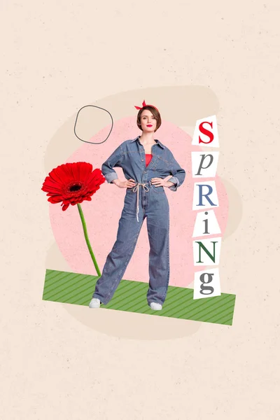 Artwork Časopis Koláž Cool Okouzlující Dáma Těší Červená Gerbera Květiny — Stock fotografie