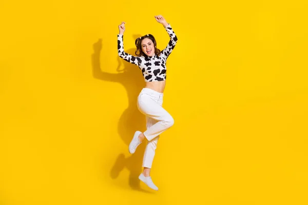 Full Length Photo Cool Confident Lady Dressed Cowskin Shirt Jumping — Stock Photo, Image