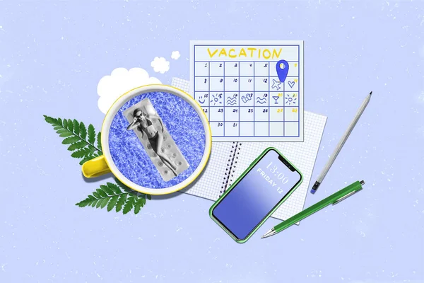 침대에 몸매의 여성의 창의적 콜라주 수영장 디지털 플래닝 휴가를 배경에 — 스톡 사진