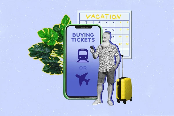 写真広告コラージュ仮想アプリ老人は青の背景に隔離された電車の飛行機の電話画面のための予約チケットの支払いを保存します — ストック写真