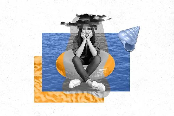 Genç Melankolik Kadın Kolajı Yaz Tatilinde Kaybolmuş Turist Yüzme Can — Stok fotoğraf