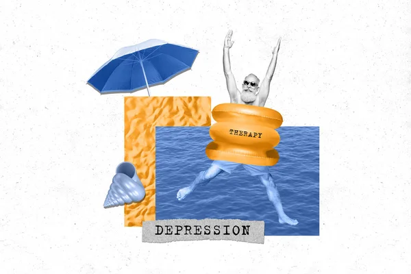 Collage Concept Demonstreren Behoefte Oude Man Psychotherapie Rusttijd Zwemmen Oceaan — Stockfoto