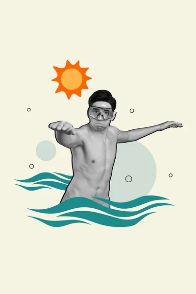 Foto Collage Von Schwimmer Junger Mann Tauchen Unter Wasser Schnorcheln — Stockfoto