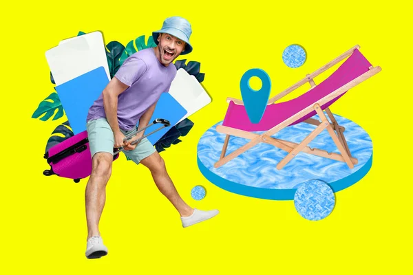 Funny Guy Dans Monde Entier Collage Tropical Pays Valise Bagages — Photo