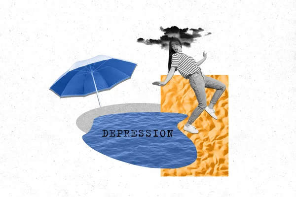 Kunstwerk Collage Beeindruckter Unzufriedener Verängstigtes Mädchen Balanciert Herbst Depression Wasser — Stockfoto