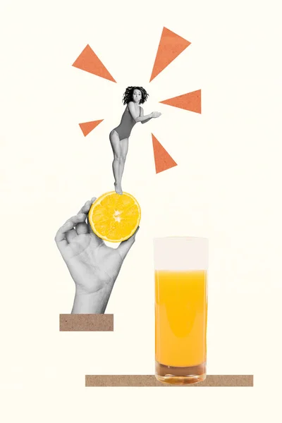 Promo Collage Advertentie Van Jong Meisje Bikini Springen Verfrissend Sap — Stockfoto
