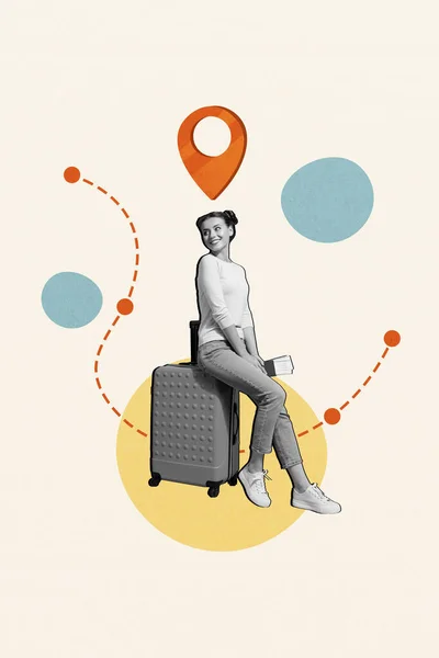 航空会社パスコラージュ画像宛先ポイントジオタグ女性座って手荷物ホールドチケットビザドキュメント描かれた背景に隔離された — ストック写真