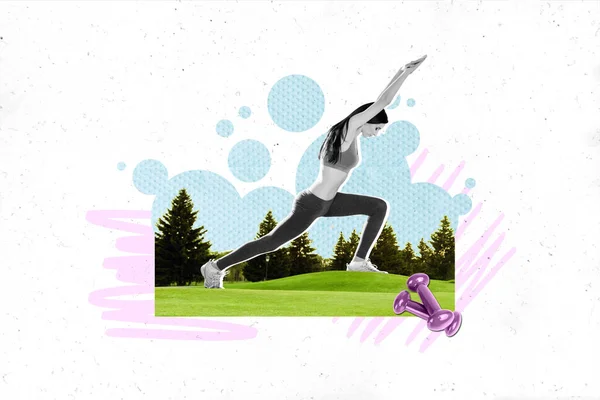 Collage Artwork Graphics Picture Sexy Slim Lady Practicing Yoga Countryside — Stock Photo, Image
