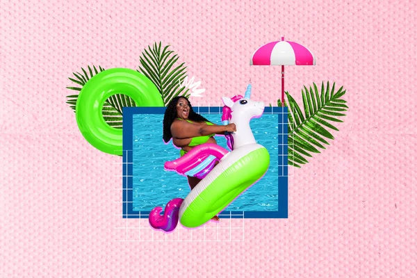 분홍빛 Collage Picture Funky Chubby Curvy Woman Float Pool Unicorn — 스톡 사진