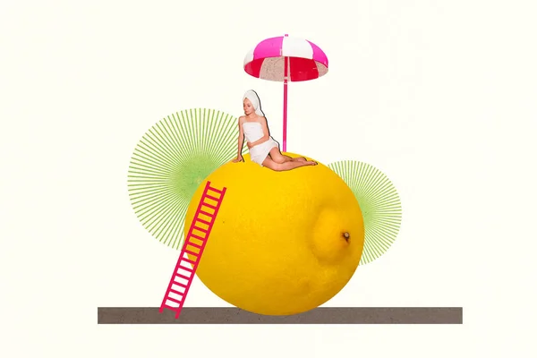 Творческий Коллаж Женщины Обернутой Игрушкой Отеля All Inclusive Citrus Lemon — стоковое фото