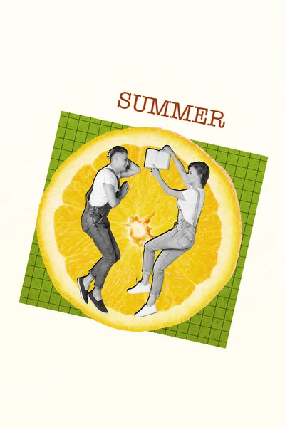 Vertical Artwork Collage Two Lying Slice Fresh Orange Fruit Reading — Stock Photo, Image