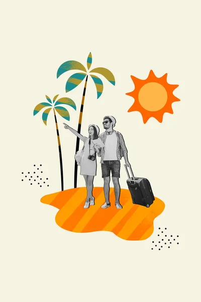 Disegno Verticale Collage Cartolina Invito Coppia Continente Tropicale Paese Palme — Foto Stock