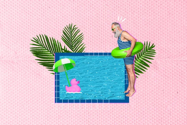 复式广告图片拼贴 基于粉色背景隔离的退休男子水手时髦跳水游泳池度假村充气环 — 图库照片