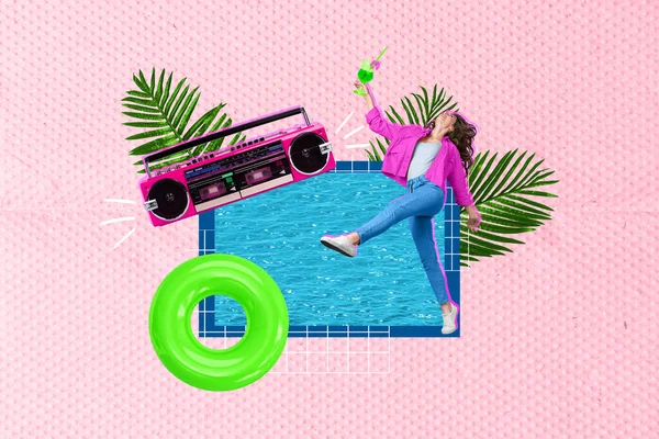 创意复古3D杂志拼贴图片无忧无虑的时髦女士享受泳池派对离奇的五彩缤纷背景 — 图库照片