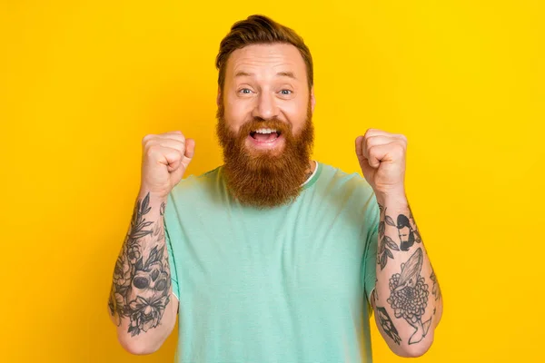 Portrait Cheerful Delighted Man Raise Fists Shout Yes Hooray Enjoy — Stock Photo, Image