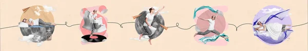 Творчий Панорамний Плакат Колаж Різних Леді Має Щасливі Веселі Сновидіння — стокове фото