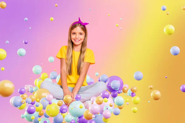 創造的なポップテンプレートコラージュファンキーな子供の女の子で拡張現実遊ぶゲーム座る色の塊 — ストック写真