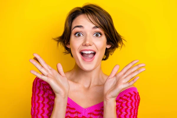 Closeup Photo Astonished Funky Youngster Girl Bob Brown Hair Palms — Stock Photo, Image