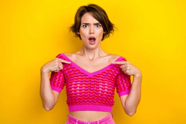 Portrait Speechless Staring Crazy Lady Wear Stylish Clothes Arm Chest — Stock Photo, Image